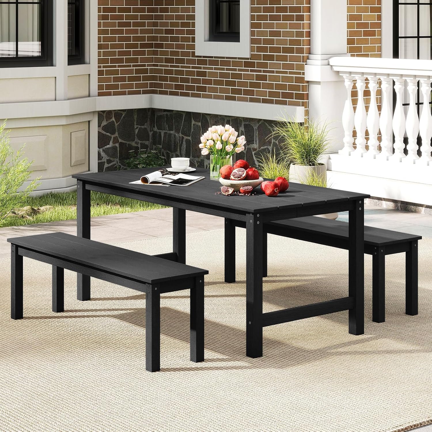 Tangkula HDPE Outdoor Bench, 2-3 Person Patio Bench, 55' Backless Garden Dining Bench with Slatted Seat, Weatherproof Park Bench for Entryway, Porch, Lawn & Backyard (Black,2)
