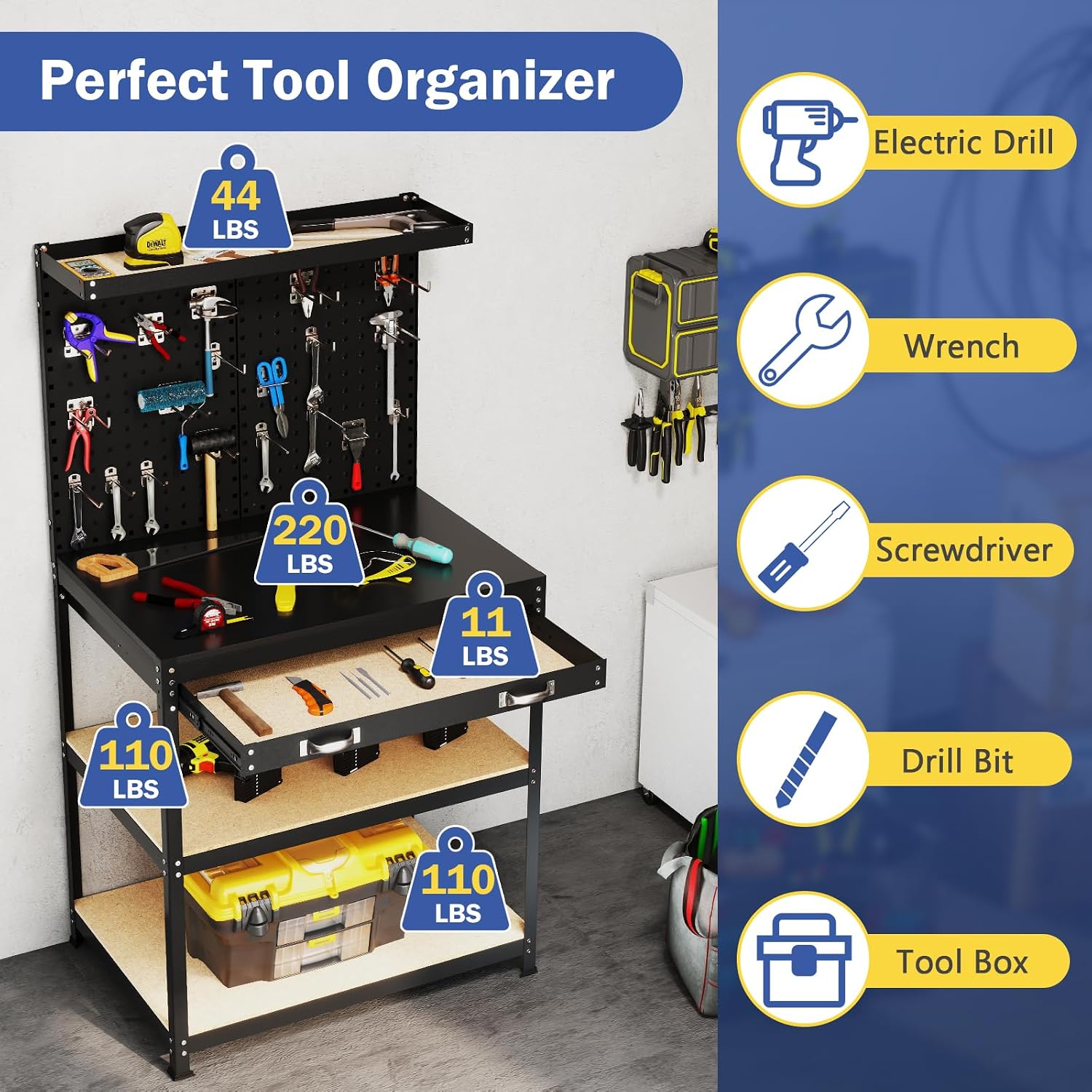 Goplus Workbench with Drawer, 32' x 16' Heavy-Duty Work Table with 2 PCS Pegboard & 4 Shelves, 19 Hanging Hooks, 495LBS Capacity, Metal Tool Storage Work Bench for Garage, Workshop, Home