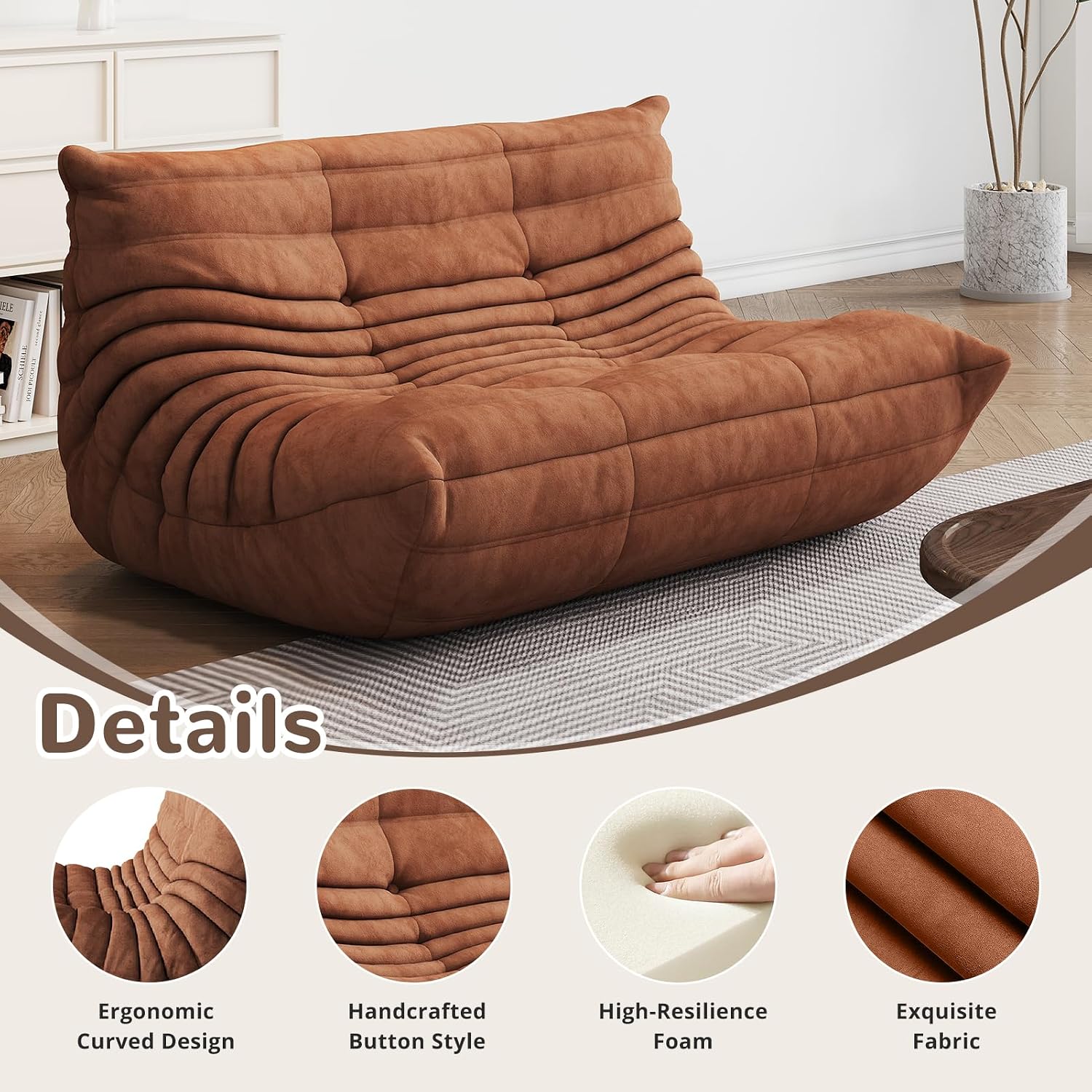 Bean Bag Chair - Corner Sofa, Fireside Chair Bean Bag Sofa Large Bean Bag Chair for Adults,Fireside Floor Couch for Living Room, Bedroom, Gaming (Yellow, Single) (Brown, Loveseat)