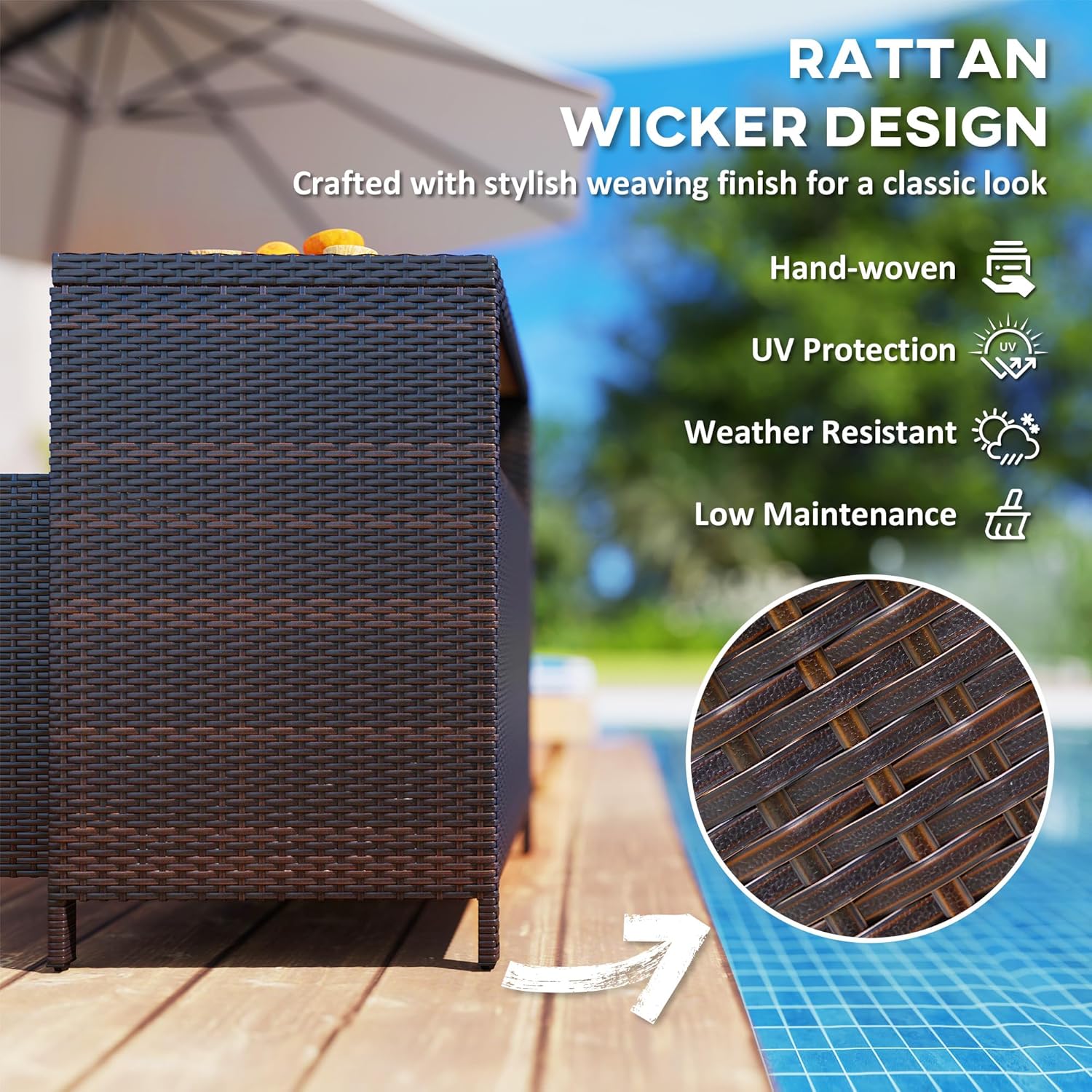 Outsunny Wicker Outdoor Storage Cabinet, Rattan Bar Table with Acacia Wood Countertop, 2 Doors and Shelf, Buffet Cabinet Sideboard for Poolside, Garden, Patio, Backyard, Brown