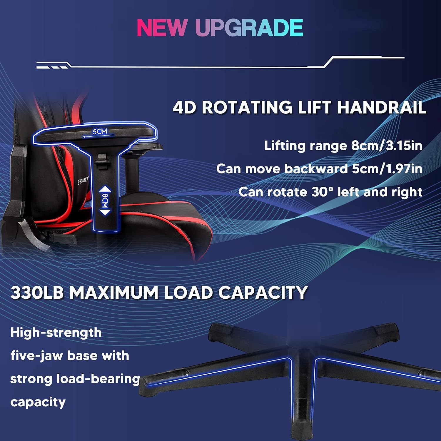 RGB Gaming Chair Office Chair with 4D Armrest Racing Game Chair with Speakers and LED Lights PU Leather High Back Ergonomic Massage Computer Chair for Heavy People Lumbar Support PC Chair,Black
