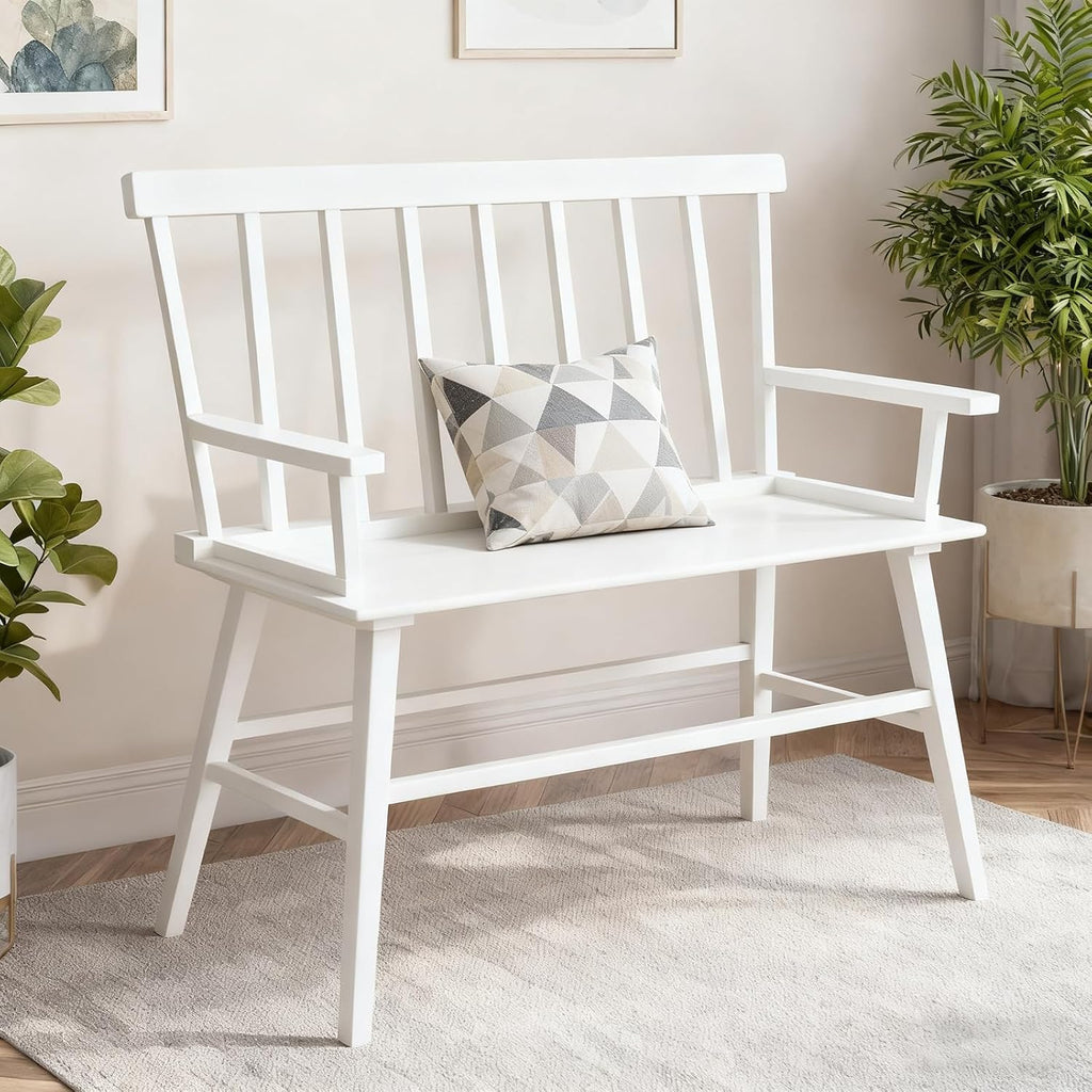 Dining Bench for Kitchen & Dining Room – Bamboo Wood Bench with Spindle Back & Armrests, Farmhouse Entryway Bench, Indoor Bedroom Bench, Versatile Entry Bench & Outdoor Bench Seating（White with Arm）