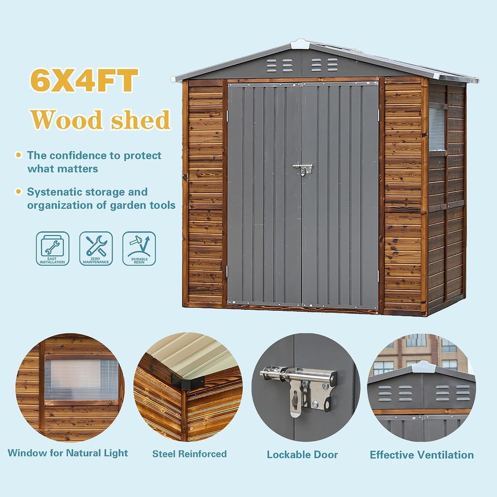 6x4 FT Outdoor Storage Shed with Windows, Wood & Metal Tool Shed Waterproof Storage House for Outside Patio, Garden, Backyard, 4 Vents (Without Floor) Wood Color