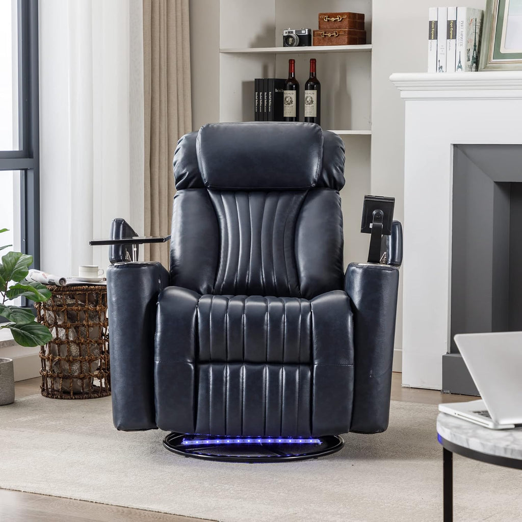 Merax 270 Degrees Power Swivel Recliner,Home Theater Seating with Hidden Arm Storage and LED Light Strip,Cup Holder,360 Degrees Swivel Tray Table,and Cell Phone Holder,Soft Living Room Chair,Blue