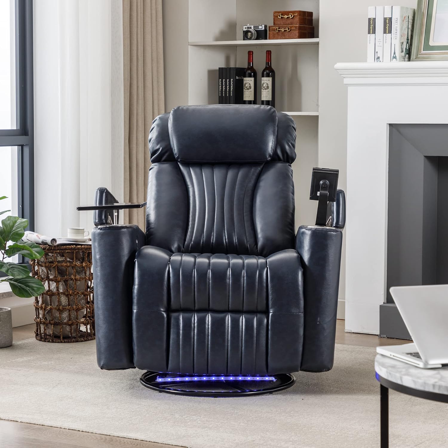 Merax 270 Degrees Power Swivel Recliner,Home Theater Seating with Hidden Arm Storage and LED Light Strip,Cup Holder,360 Degrees Swivel Tray Table,and Cell Phone Holder,Soft Living Room Chair,Blue