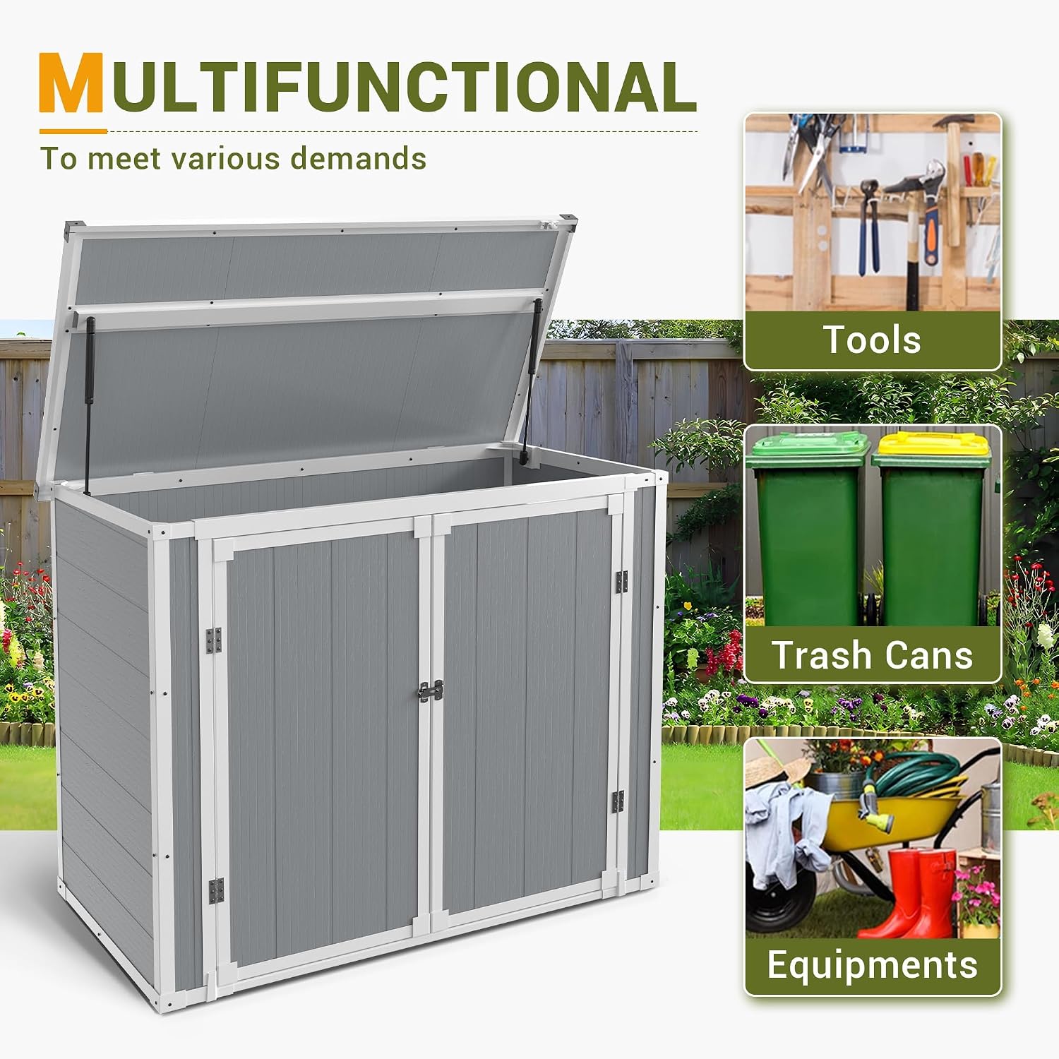 Storage Shed Outdoor Plastic Garden Shed Tool Resin Shed with Floor Waterproof Horizontal Storage Deck Box Outside Storage Container with Lockable Door for Patio（Light Grey）