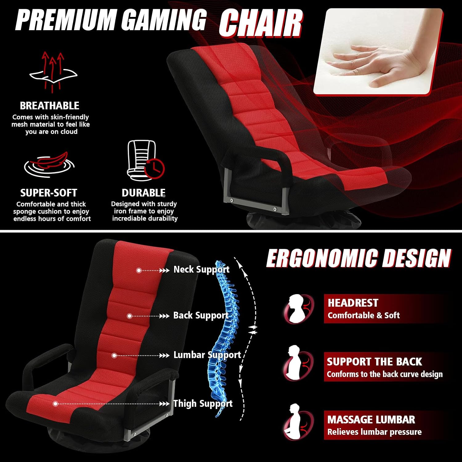 Swivel Gaming Chair Multipurpose 2PACK Floor Gaming Chair for Playing Video Games, TV, Reading w/Armrest Lumbar Support & 6 Adjustable Postion Backrest for Adults,Red