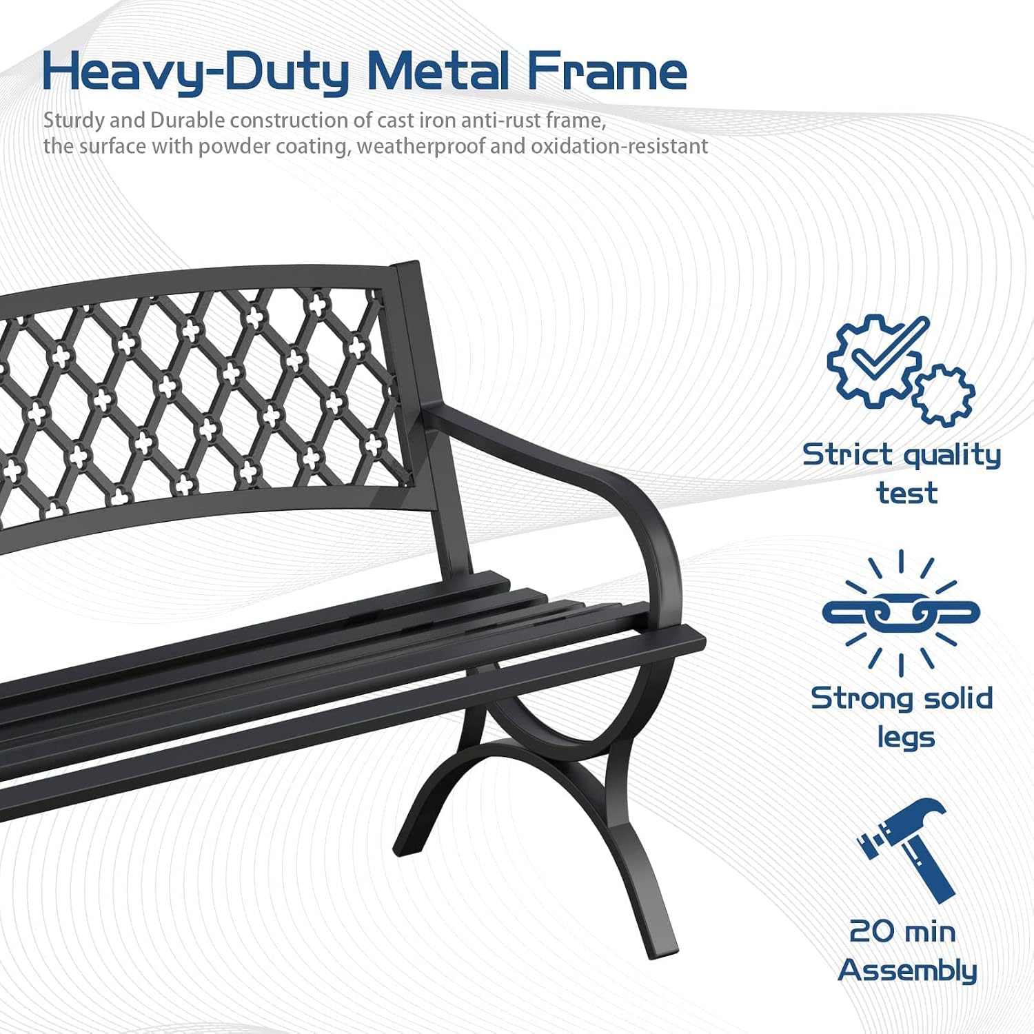 Outdoor Bench Garden Benchs, Weatherproof Anti-Rust Heavy-Duty Outside Bench Clearance, Wrought Iron Metal Bench for Front Porch, Patio, Park, Ergonomic Backrest, Slatted Seat