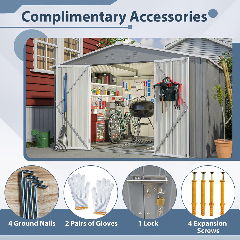 8x10 FT Outdoor Storage Shed, Metal Garden Shed with Frame Floor, Outside Tool Shed with Lockable Hinged Doors, Waterproof Storage Building with Sloped Roof for Backyard, Patio, Lawn, Gray