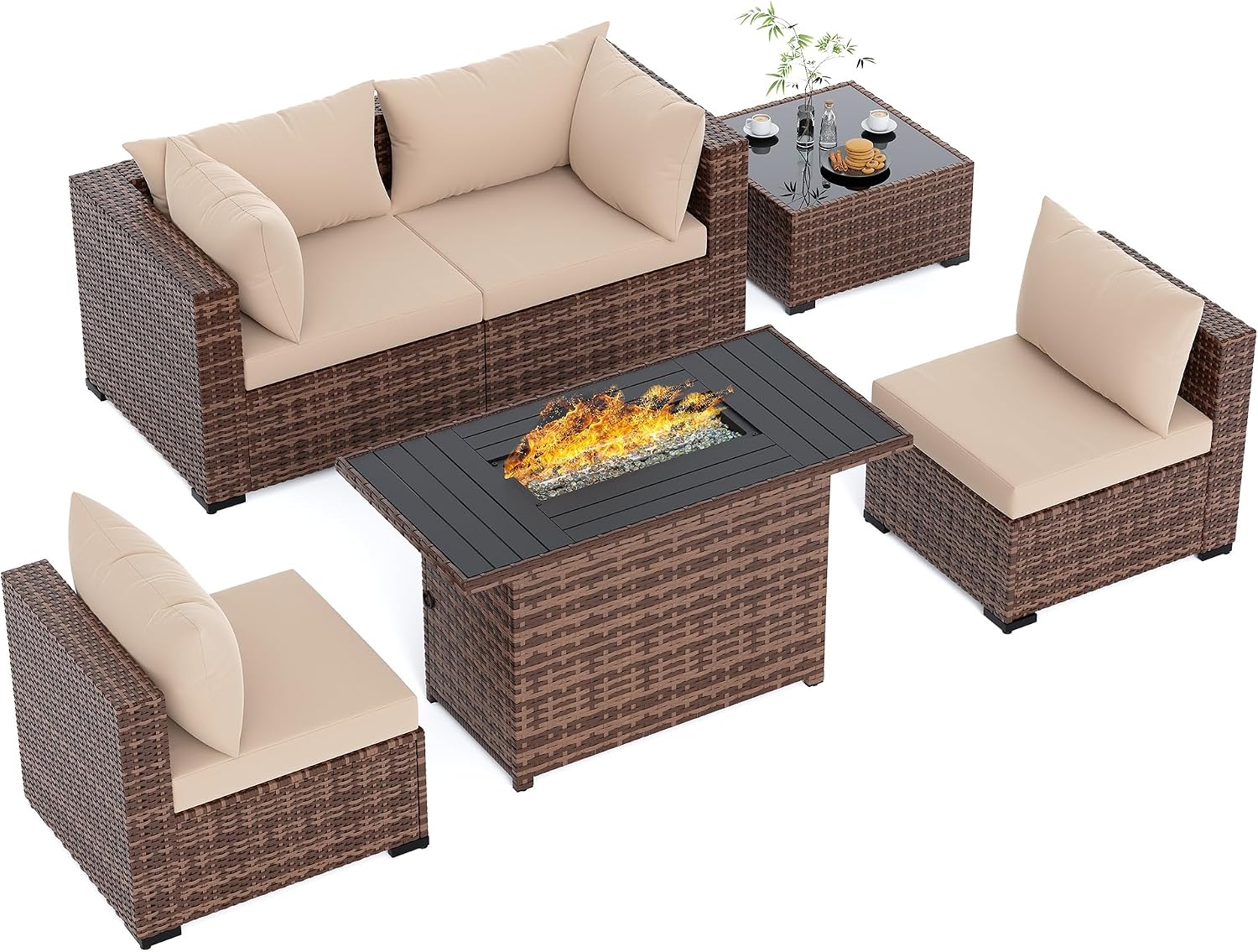 UDPATIO Patio Furniture Set with Fire Pit Table, 5 Piece Outdoor Sectional Sofas, All-Weather Wicker Conversation for Garden, Backyard, Khaki