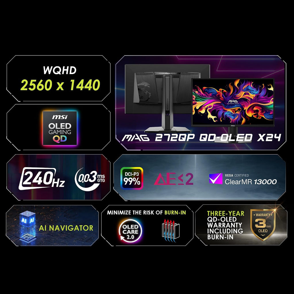 msi MAG 272QP QD-OLED X24 27-Inch WQHD Gaming Monitor, 2560 x 1440 Quantum Dot OLED Panel, 240Hz, 0.03ms, Adaptive-Sync, HDMI2.1, DP 1.4a, Tilt/Height Adjustable, Black