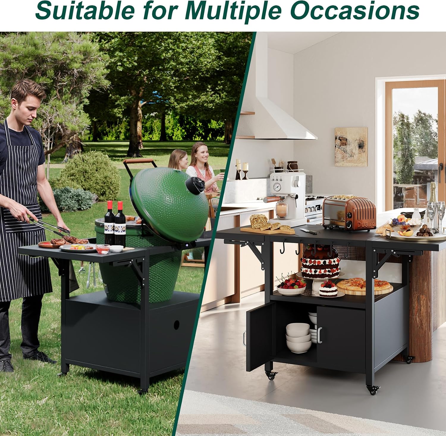59' L Outdoor Grill Table for Big Green Egg Accessories, Heavy Duty Metal Cart Prep Table with Detachable Desktable, Hooks, Removable Central Cover, Compatible with Egg Grill and Tabletop Griddle