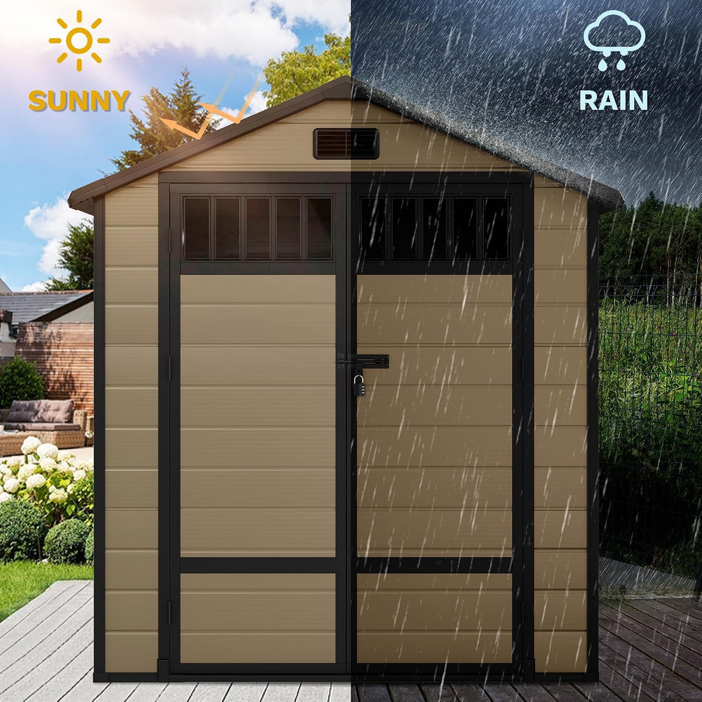 DWVO 6x4.4 FT Resin Storage Shed with Fence-Style and Side Windows, Lockable Door, and Vents for Garden, Backyard, Patio, Lawn, Brown
