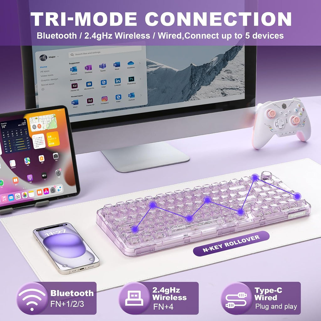 YUNZII X98 QMK/VIA Wireless Mechanical Gaming Keyboard with Knob,Tri-Mode BT5.0/USB-C/2.4GHz Hot Swappable Keyboard,Pre-lubed Switches Gasket Mount RGB Backlit for Wins/Mac (Purple, Snow Switch)