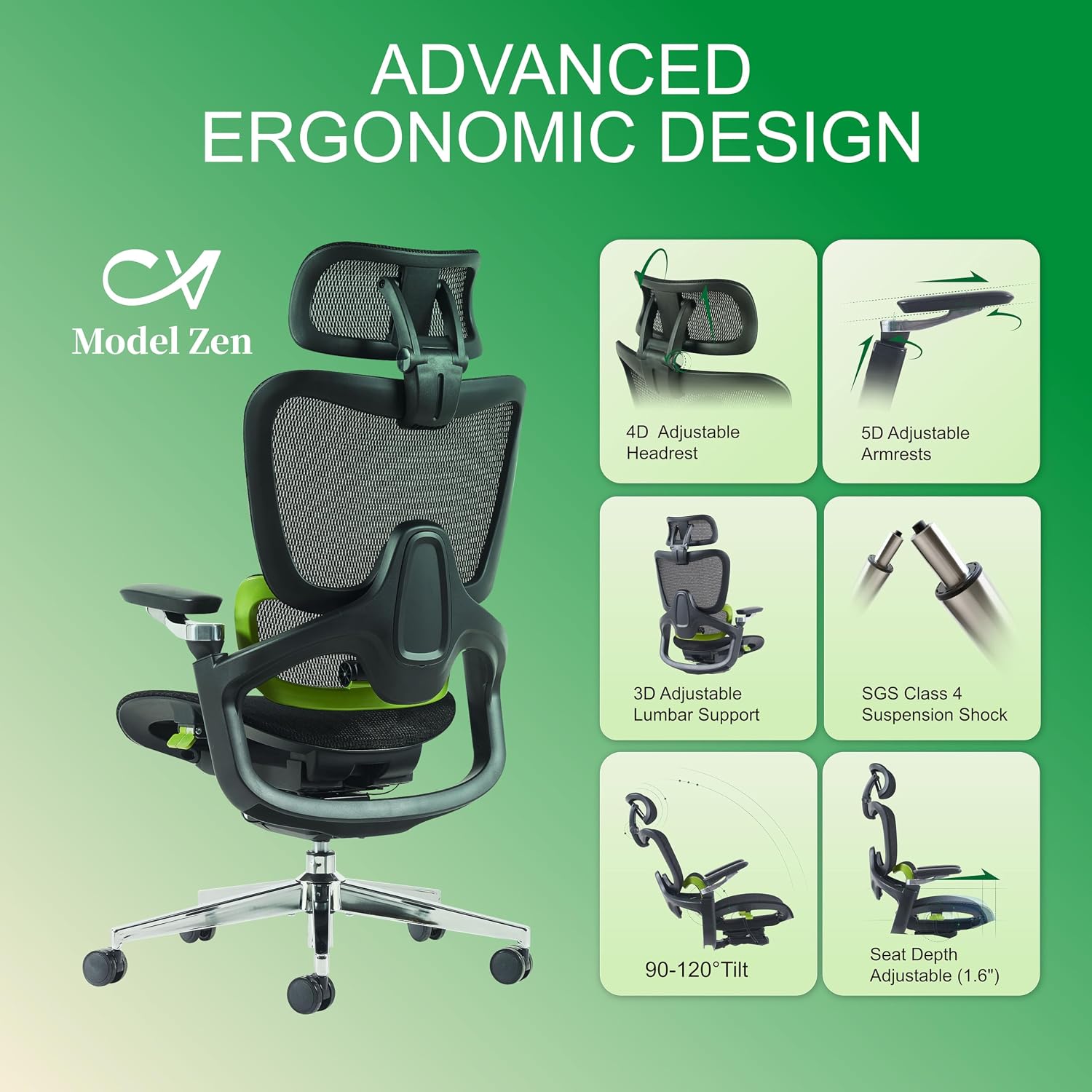 Ergonomic Office Chair, Mesh Home Office Desk Chair with Adaptive Lumbar Support, Gaming Chair with Headrest, 5D Armrest,90-130°Tilt, BIFMA Certified, Model Zen (Green)