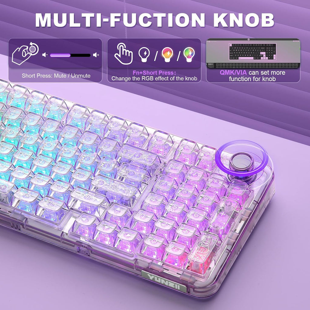 YUNZII X98 QMK/VIA Wireless Mechanical Gaming Keyboard with Knob,Tri-Mode BT5.0/USB-C/2.4GHz Hot Swappable Keyboard,Pre-lubed Switches Gasket Mount RGB Backlit for Wins/Mac (Purple, Snow Switch)