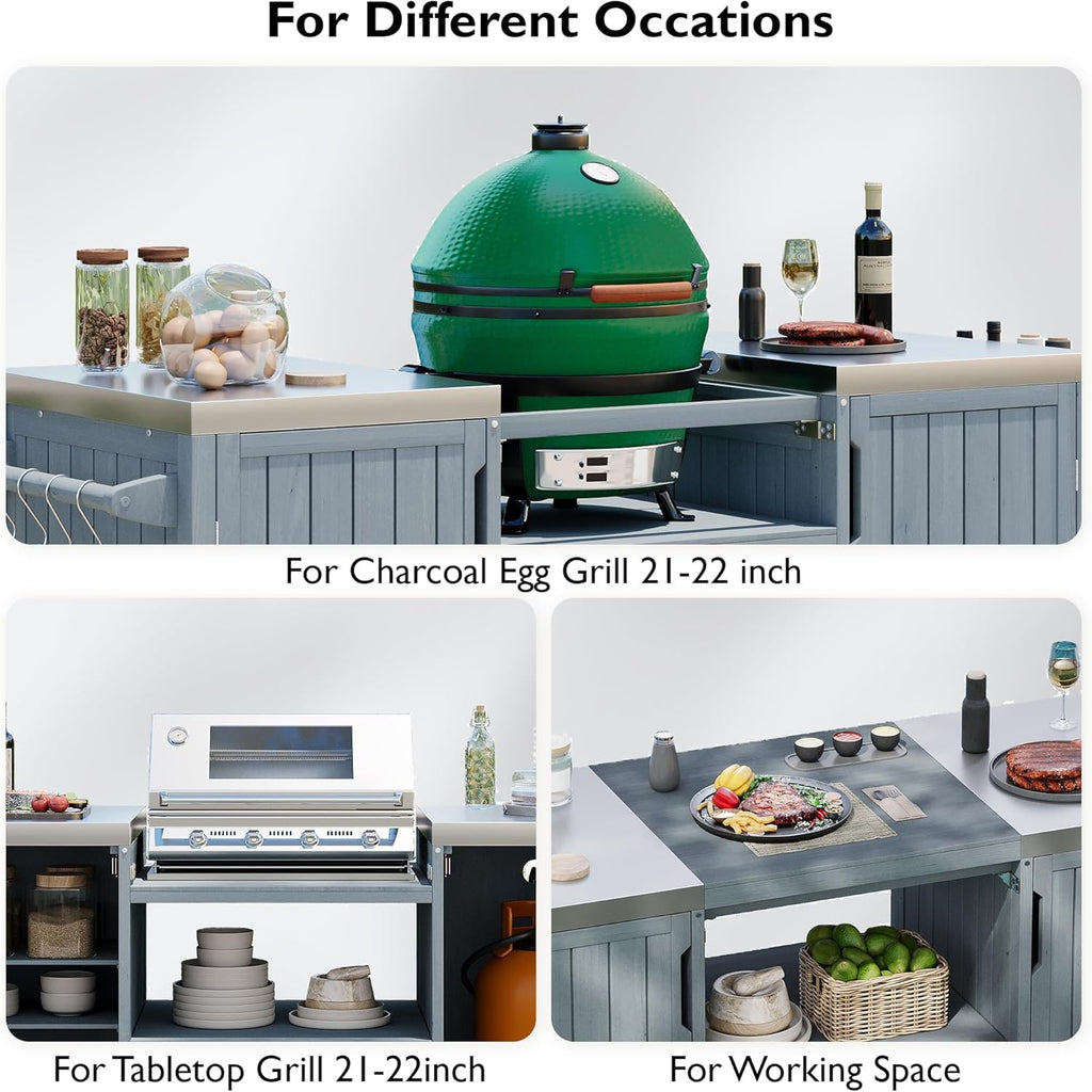 66.5' Outdoor Kitchen Island with Stainless Steel Top for Big Green Egg, Rolling Grill Cart with Adjustable Shelves, Lockable Wheels, Outdoor Table and Bar Storage Cabinet for Patio