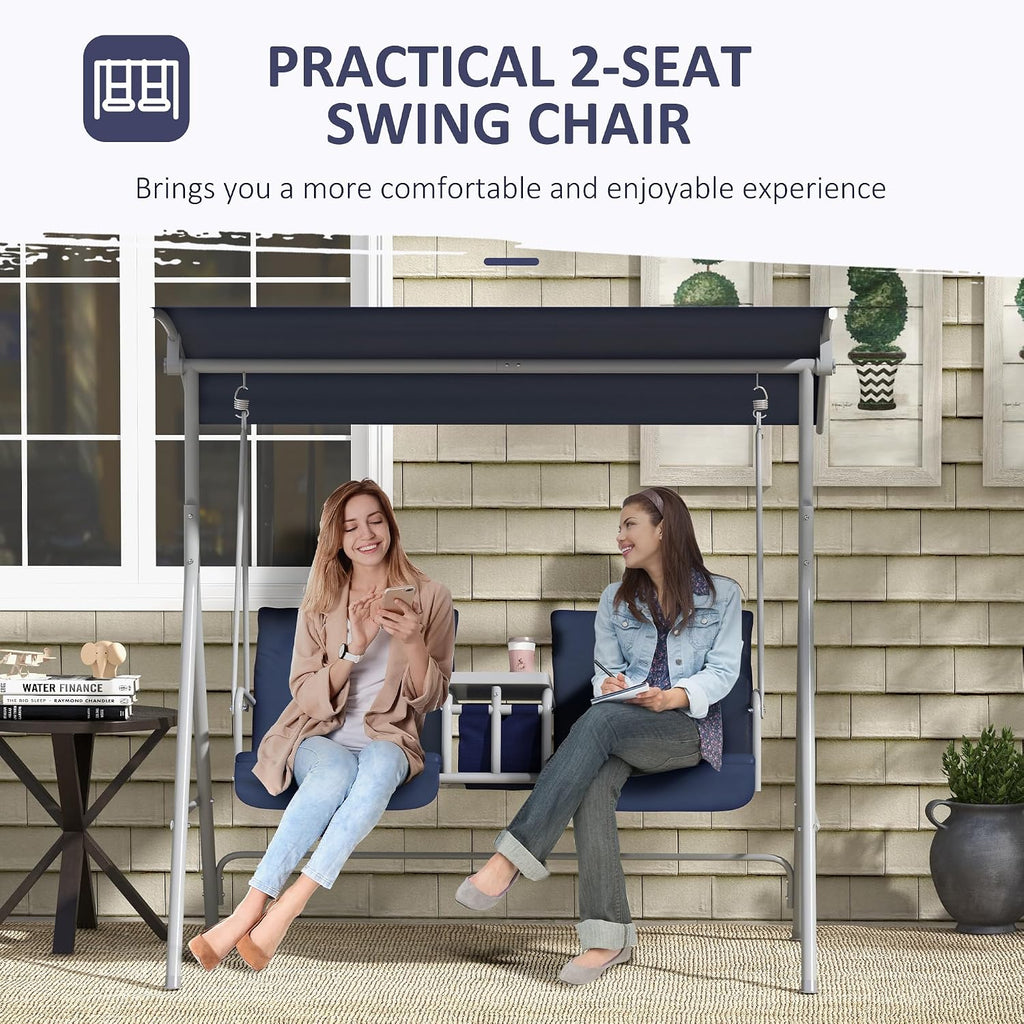 Outsunny 2 Person Porch Swing with Stand, Outdoor Swing with Canopy, Pivot Storage Table, 2 Cup Holders, Cushions for Patio, Backyard, Dark Blue