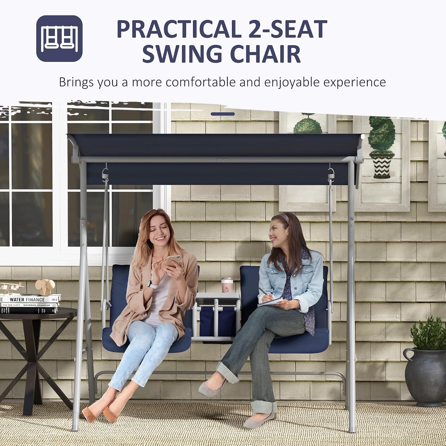 Outsunny 2 Person Porch Swing with Stand, Outdoor Swing with Canopy, Pivot Storage Table, 2 Cup Holders, Cushions for Patio, Backyard, Dark Blue