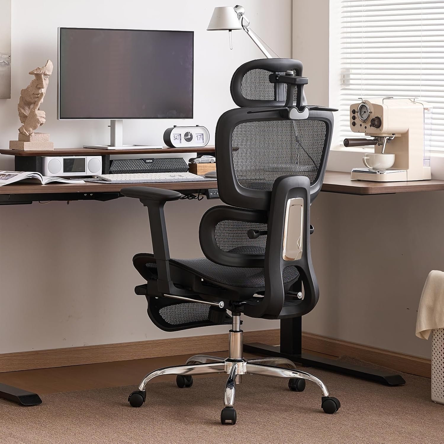 Office Chair with Footrest, Ergonomic Chair with 3D Headrest, Computer Chair with Adjustable Backrest & 3D Armrest, Gaming Chair with Adaptive Lumbar Support, Mesh Backrest & Cushion, Black