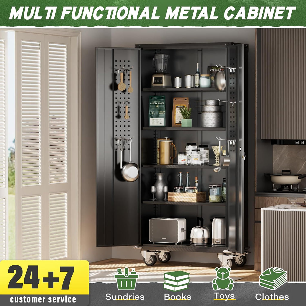 Greenvelly Metal Storage Cabinet with Wheels, 72' Black Garage Rolling Cabinet with Doors and 4 Shelves, Steel Locking Cabinets Tall Tool Lockable Storage Cabinets for Basement, Pantry, Home Office