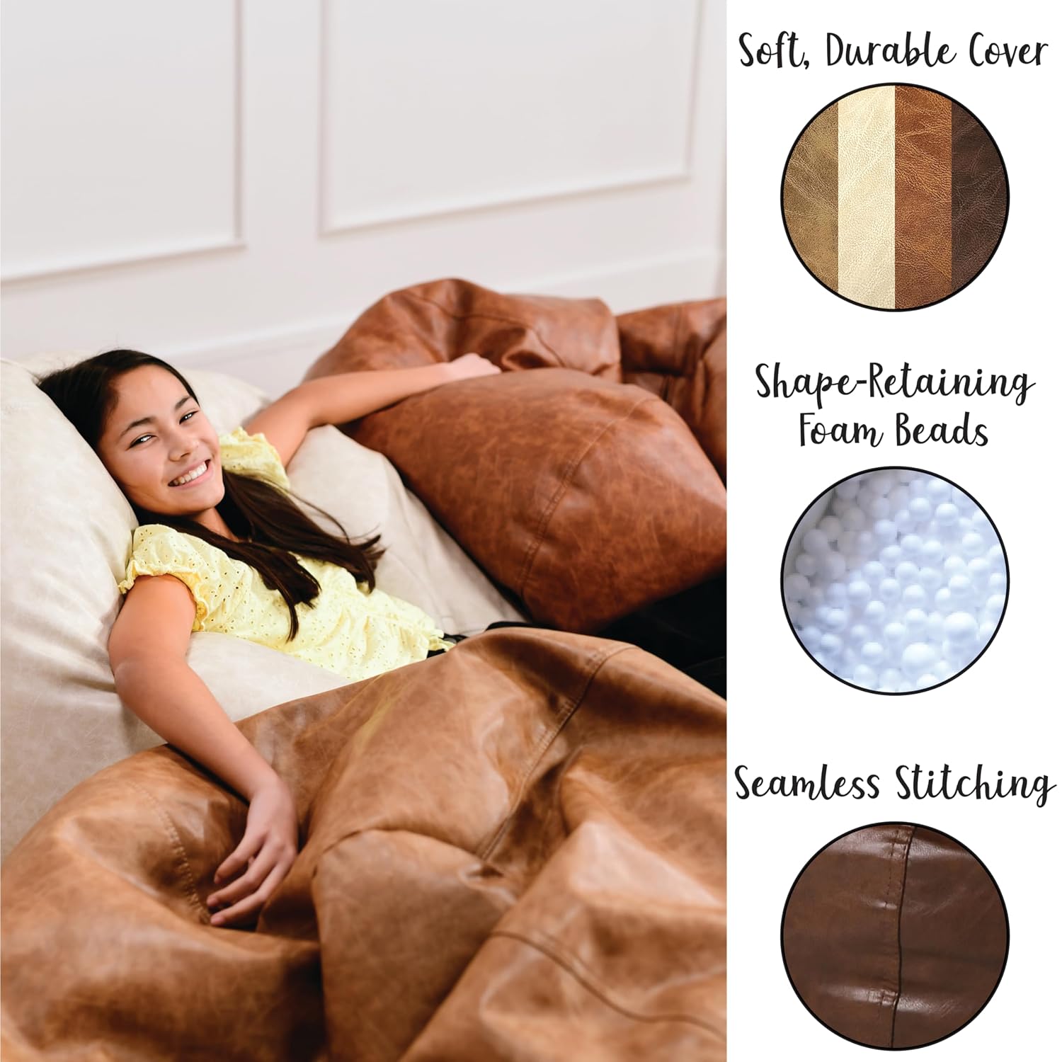 Factory Direct Partners 35' Rustic Western Bean Bag Chair Distressed Faux Leather, Low to Ground for Reading, Playing Video Games and Relaxing Flex Seating for Home and School - Hazelnut, 10478-322