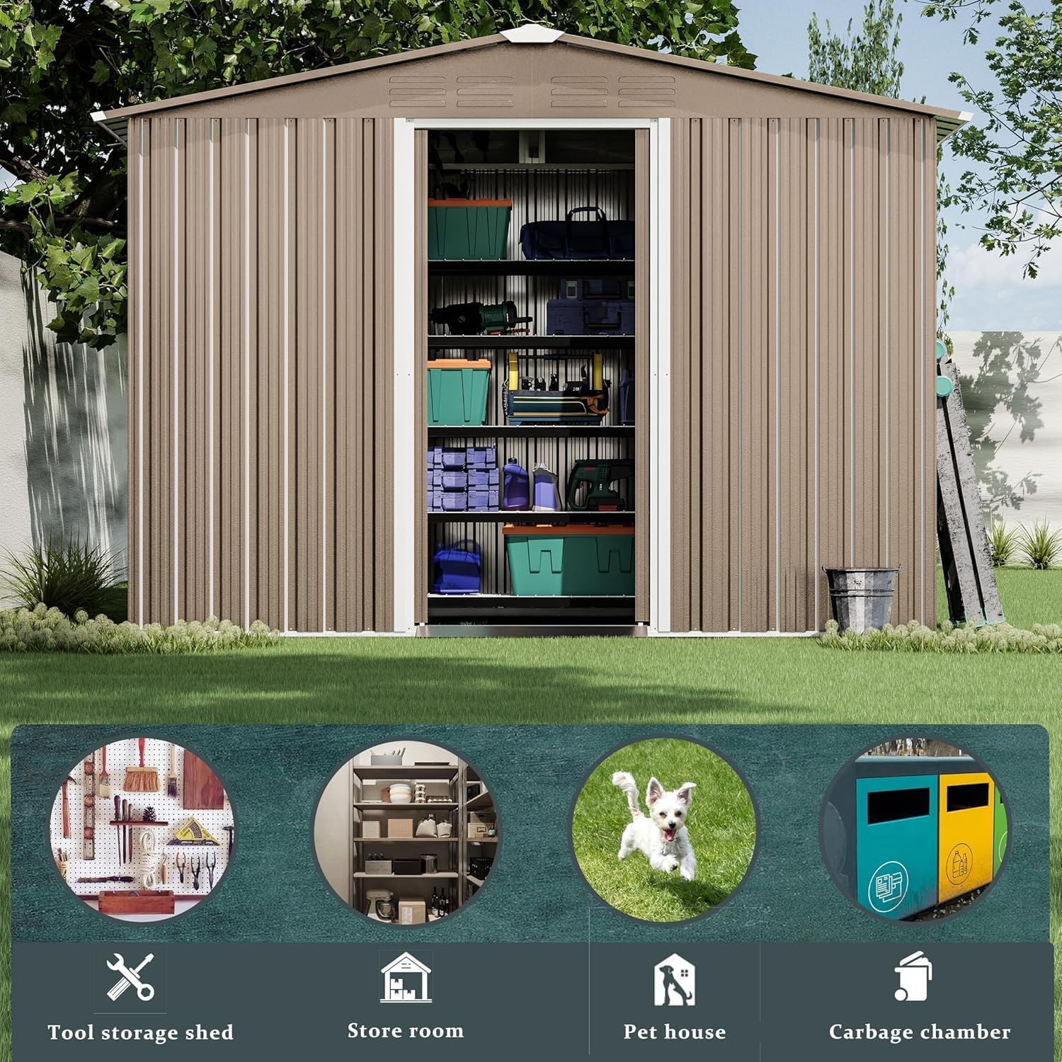 8 x 6 FT Outdoor Storage Shed with Frame Floor, Waterproof Lockable Door Metal Tool Shed with Sliding Door and Ventilation, Gardening Tool Storage Room, Metal Storage Shed for Gardens & Lawns