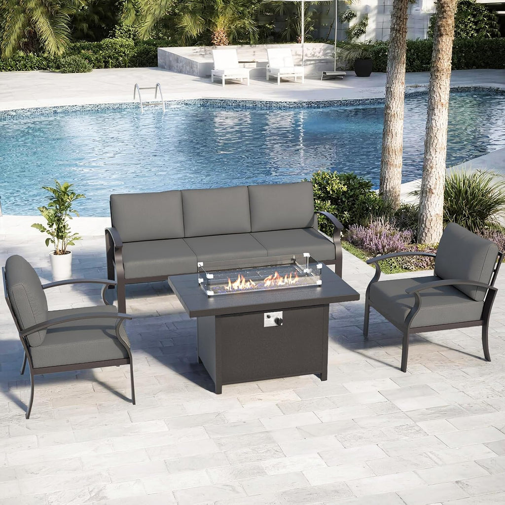ALAULM Aluminum Patio Furniture Set with Propane Fire Pit Table 5-seat Metal Outdoor Furniture w/Fire Pit Sectional Sofas w/5.1' Cushions for Patio, Backyard, Poolside-Grey