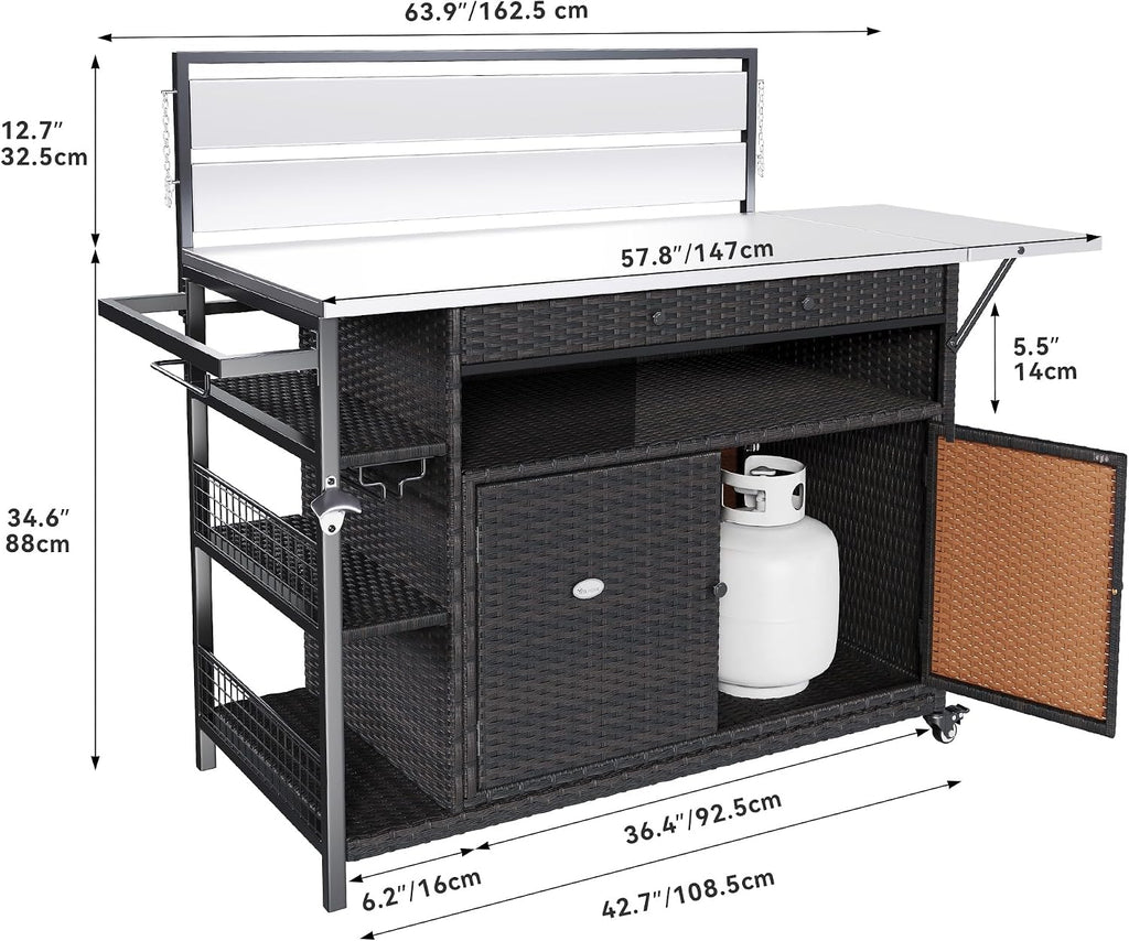YITAHOME XL Outdoor Kitchen Island, Outdoor Bar Table & Storage Cabinet, Wheels and Stainless Steel Extended Table Top, Side Handle for Patio Kitchen or Bar Cart, Dark Brown
