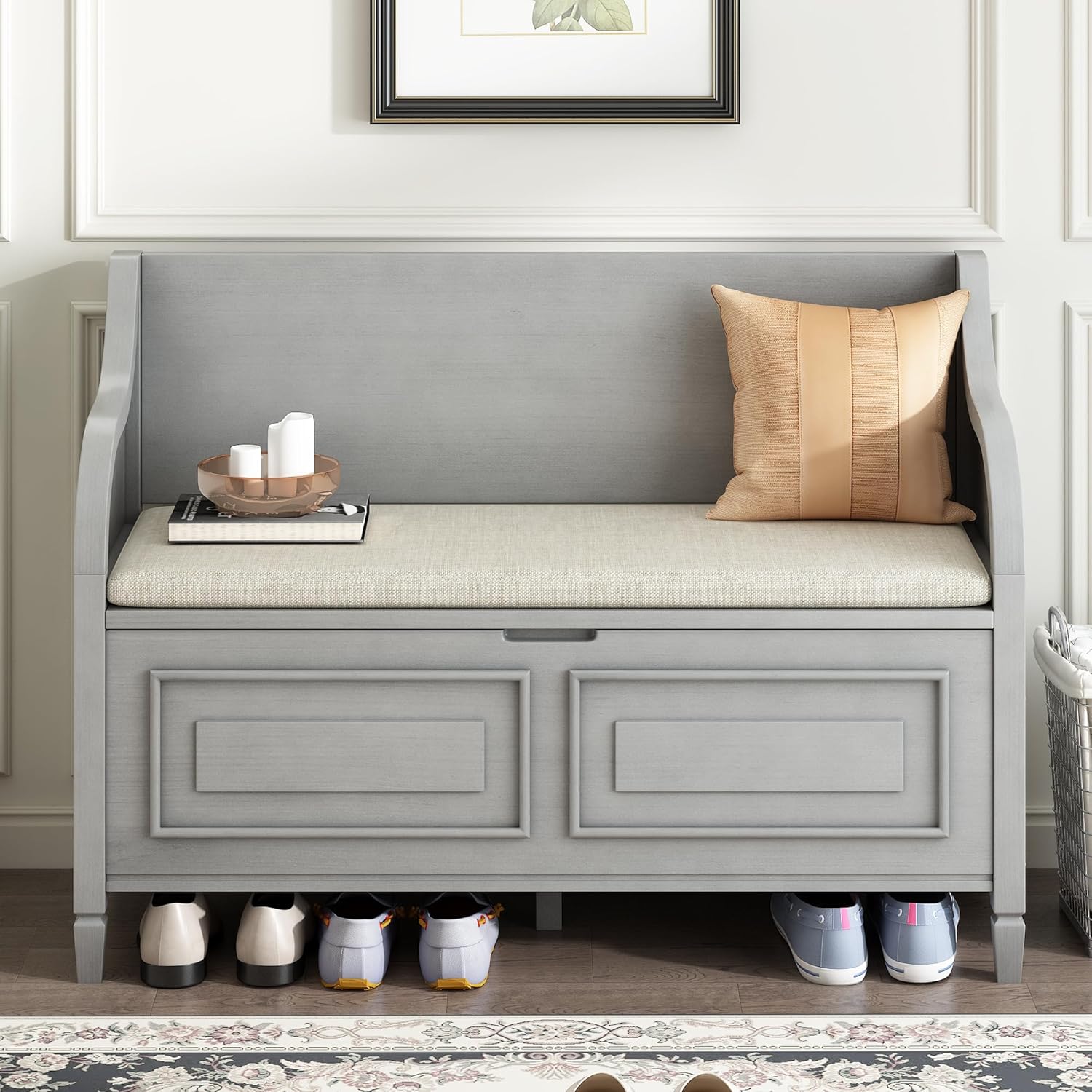 Bellemave Storage Bench with Safety Hinge Wooden Entryway Benches with Shoe Cabinets Under Seat Multifunctional Storage Bench for Entryway, Foyer or a Mudroom (Grey Wash + Beige)