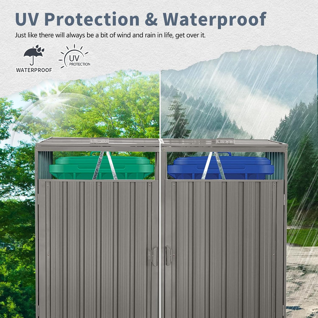 Outdoor Trash Can Storage, Storage Shed for 2 Trash cans and Tools,Waterproof Garbage Bin shed,Metal Trash Can Storage Shed Outdoor for Garden Yard(Light Grey-2 Doors)