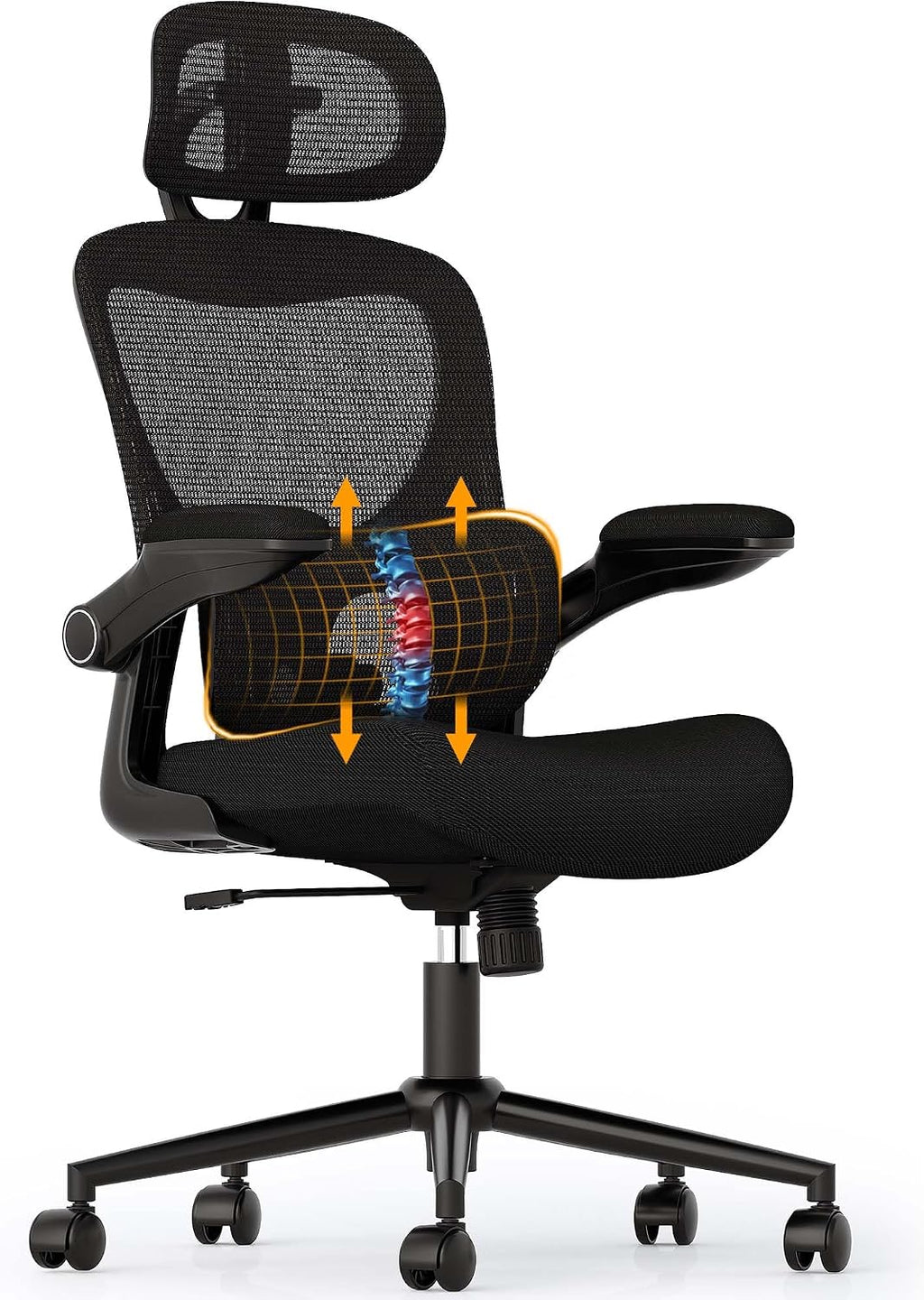 SUNNOW Ergonomic Office Chair, Comfy Mesh Desk Chair, High Back Computer Gaming Chairs with Adjustable Lumbar Support, Flip-Up Arms, Headrest, Tilt Function, Wide Cushion, Swivel Wheel, BIFMA Quality