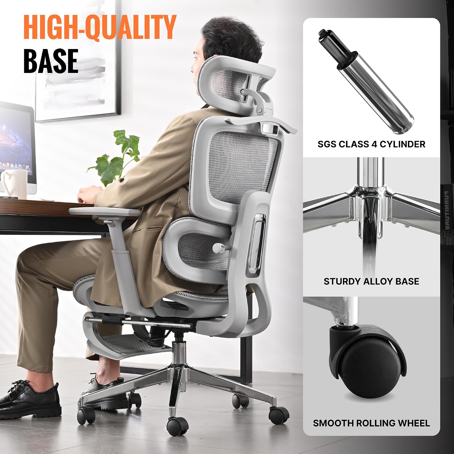 Ergonomic Office Chair, Home Mesh Desk Computer Chair, Comfortable Gaming Chair with Footrest, Wheels, Adjustable 2D Headrest, Lumbar Support, High Back and 3D Armrest, Grey