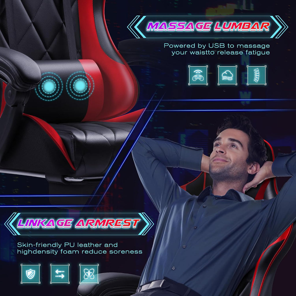 Shahoo Gaming Chair with Footrest and Massage Lumbar Support, Ergonomic Computer Seat Height Adjustable with 360°Swivel and Headrest, Red