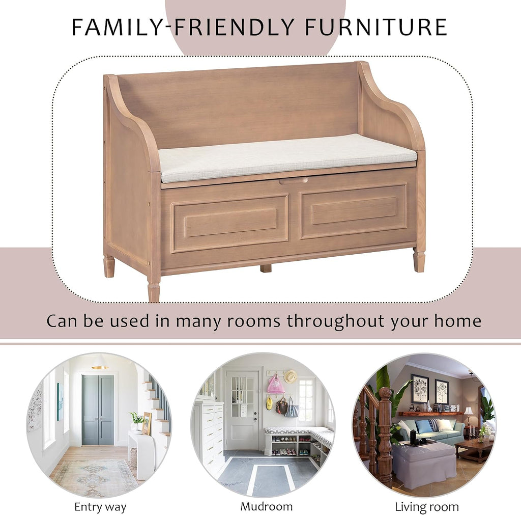 Bellemave Storage Bench with Safety Hinge Wooden Entryway Benches with Shoe Cabinets Under Seat Multifunctional Storage Bench for Entryway, Foyer or a Mudroom (Brown + Beige)