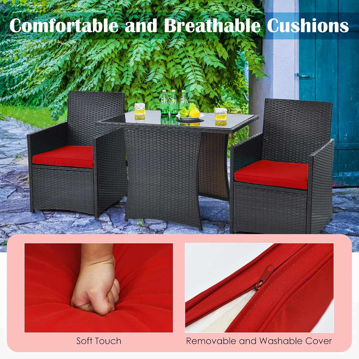 HAPPYGRILL 3 Piece Patio Furniture Set, Outdoor PE Rattan Wicker Bistro Set with Washable Cushions & Tempered Glass Table, for Backyard Porch Garden Balcony Poolside