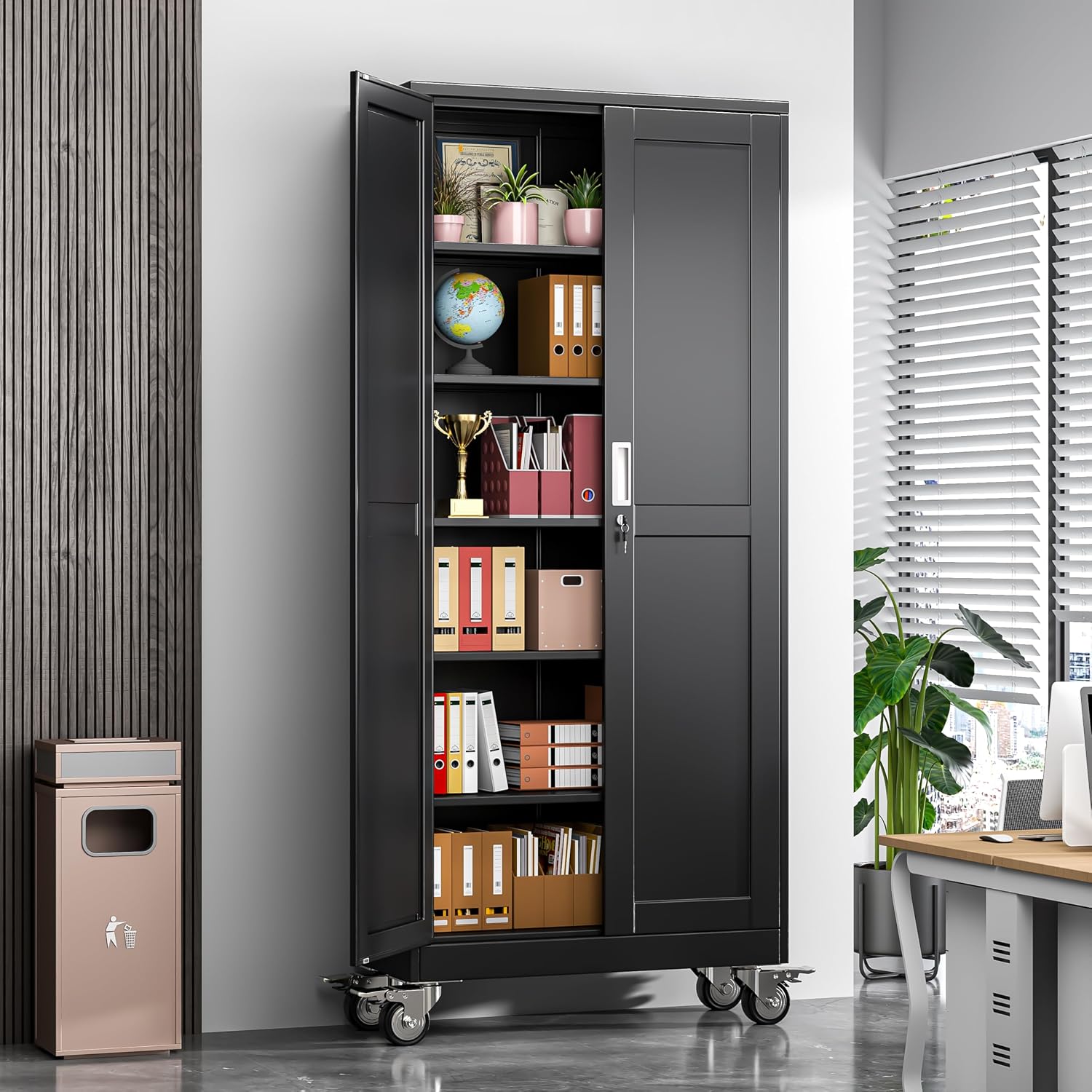 Metal Garage Storage Cabinets and storage system, 75'Tall Rolling utility cabinet with Wheels, Lock, 5 Adjustable Shelves, Heavy Duty Steel Tool Locker for Home Office, Utility Room, Gym,Black