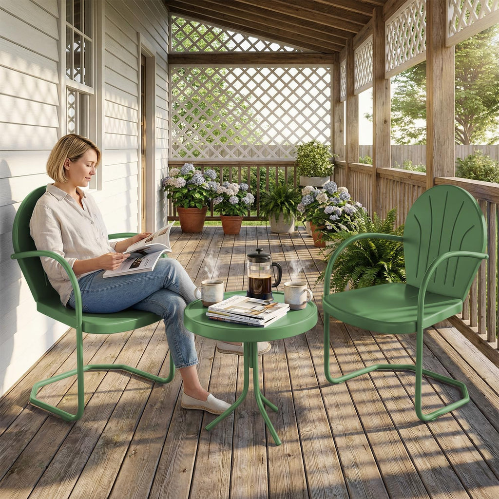 Patio Bistro Set Retro Metal Outdoor Seating Set Conversation Set 3 Pieces, 2 C-Spring Motion Armchairs and Round Side Table, for Porch, Lawn, Garden (Green)