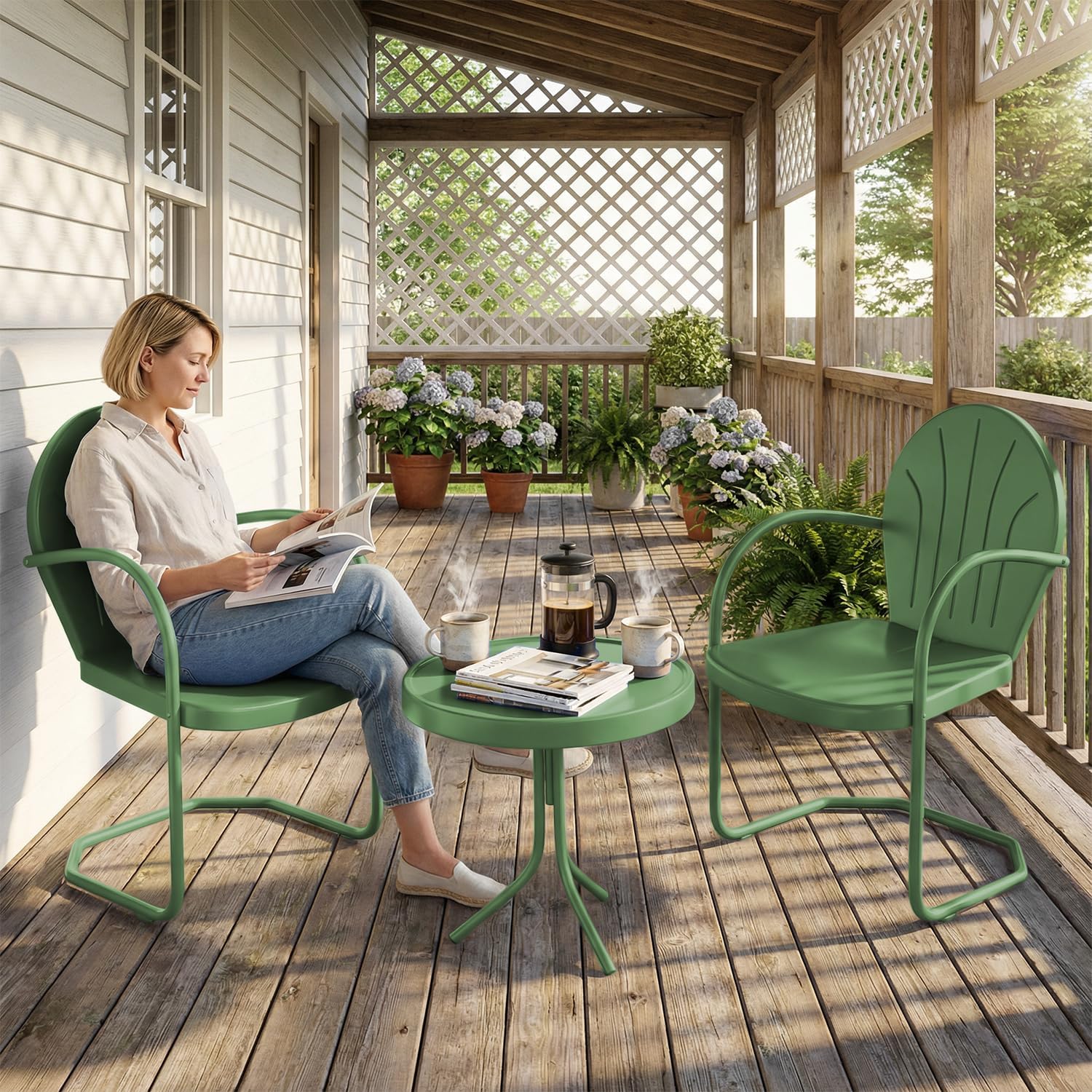Patio Bistro Set Retro Metal Outdoor Seating Set Conversation Set 3 Pieces, 2 C-Spring Motion Armchairs and Round Side Table, for Porch, Lawn, Garden (Green)