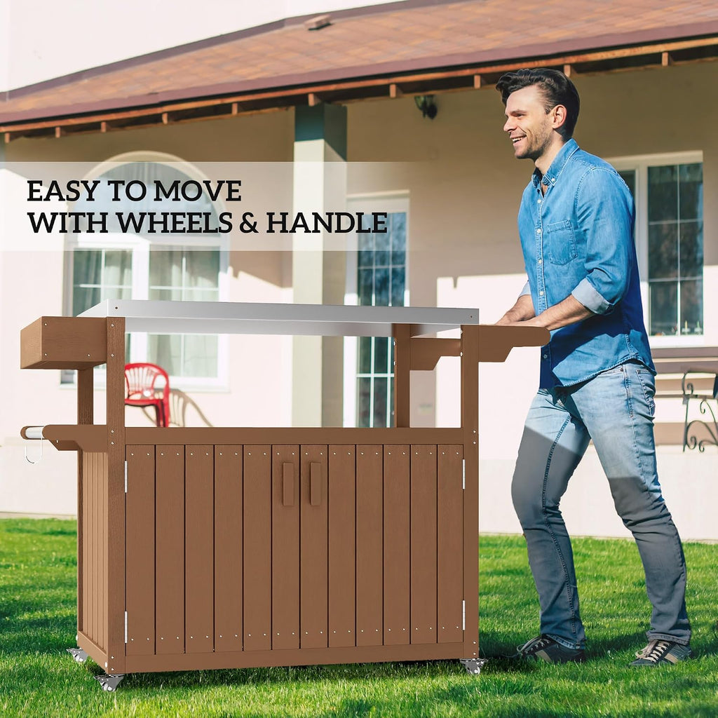 Outsunny Outdoor Bar Cart with Storage Cabinet, Stainless Steel Top Kitchen Island on Wheels, HDPE Outdoor Bar Table, Movable Patio Beverage Food Prep Table for BBQ Picnic, Brown
