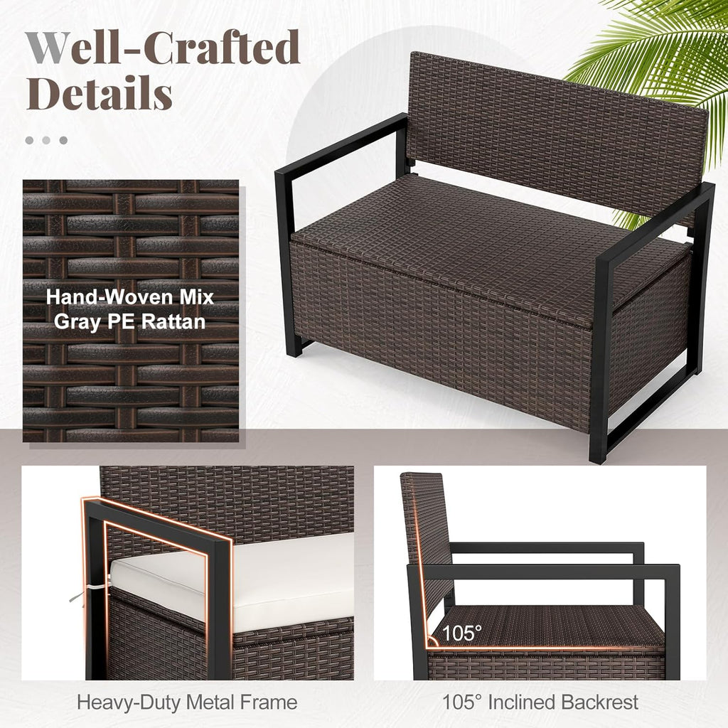 RELAX4LIFE Wicker Outdoor Bench with Storage - Rattan Deck Box w/Protective Liner for Pillows, Pool Supplies, Garden Tools, Patio Loveseat with Seat Cushion & Metal Armrests for Backyard Porch Balcony