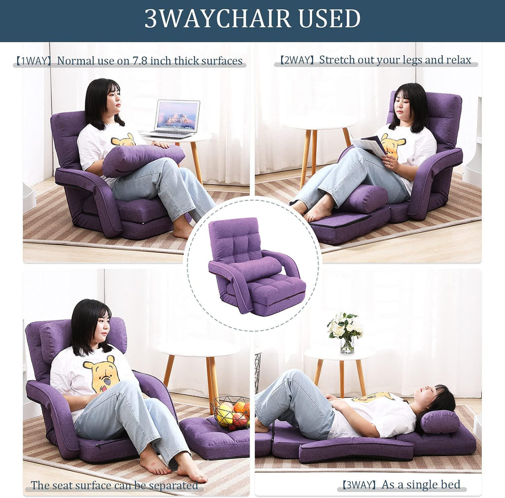 Floor Chair, Chaise Lounge Indoor, 14-Position Adjustable Folding Lazy Sofa with Armrests and a Pillow Padded Gaming Chairs for Living Room, Bedroom Factory Price (Purple) 8803PU