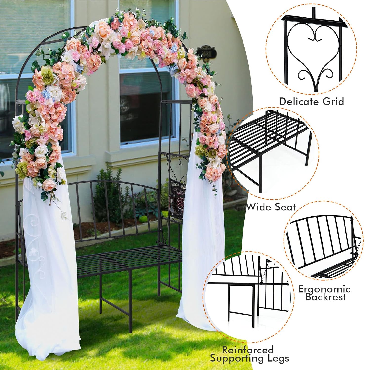 Giantex 81in Metal Garden Arch with Bench, Outdoor Garden Arbor Archway Trellis for Climbing Plants Vines, 2-Person Bench Loads 660 lbs, Patio Trellis Pergola Arches for Wedding Party Ceremony Decor