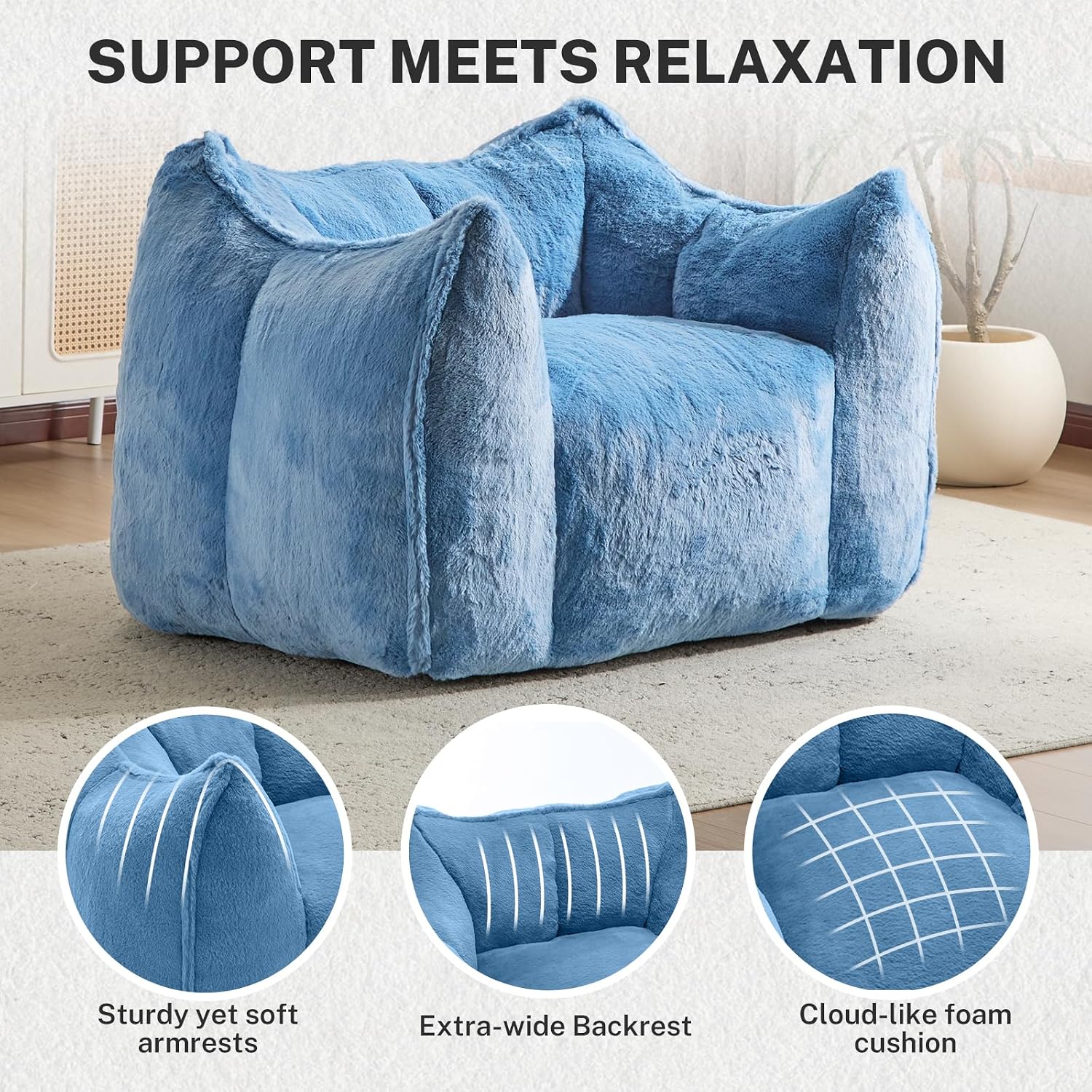 Giant Bean Bag Chair, Comfy Large Bean Bag Chairs for Adults and Kids, Fluffy Faux Rabbit Fur Floor Sofa for Living Room Bedroom Apartment, Light Bule