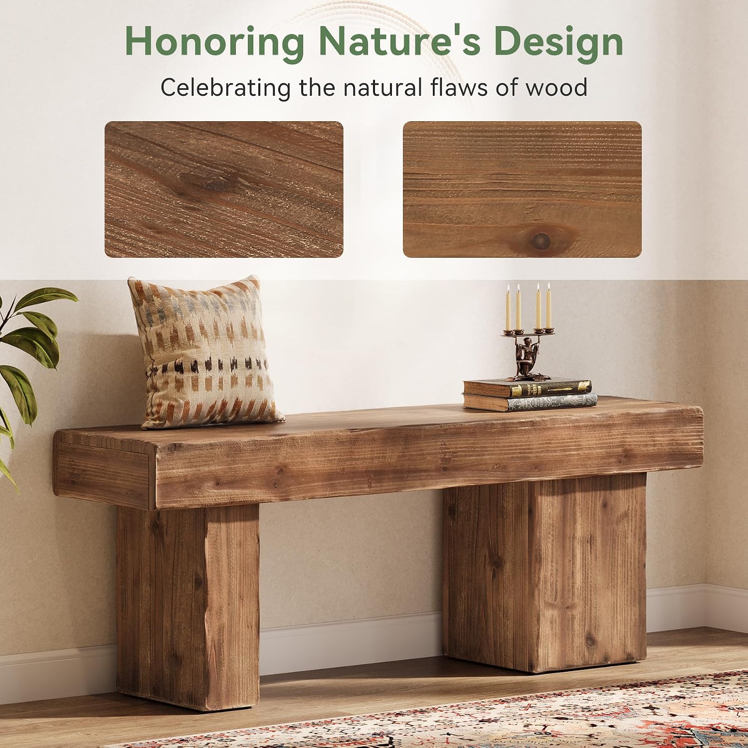 Solid Wood Bench, 47' Farmhouse Entryway Bench with Thickened Seat & Artistic Legs, Heavy Duty Indoor Bench for Bedroom, Hallway, Living Room, Indoor, Porch, Natural