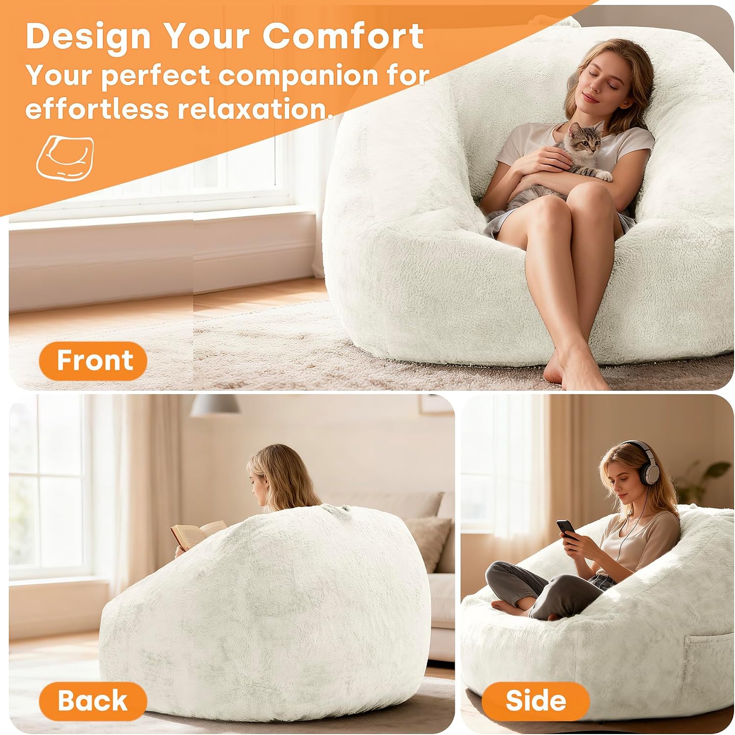 COSIEST Large Bean Bag Chair for Adults, Giant Bean Bag Couch with Armrests & Side Pocket, L-Shaped Faux Fur Beanbag Lounge Sofa Chair, Comfy Floor Sofa for Bedroom Living Room Reading, Cream White