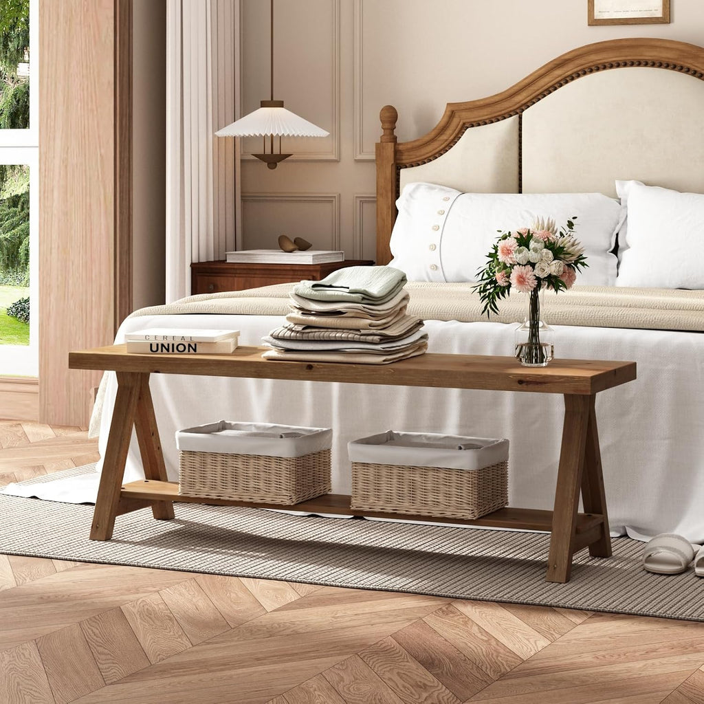 RowyPoey 51' Solid Wood Bench, Long Farmhouse Entryway Bench with Storage Shelf, Triangular Leg Design, Narrow Rustic Benches for Hallway, Bedroom, Dining, Kitchen