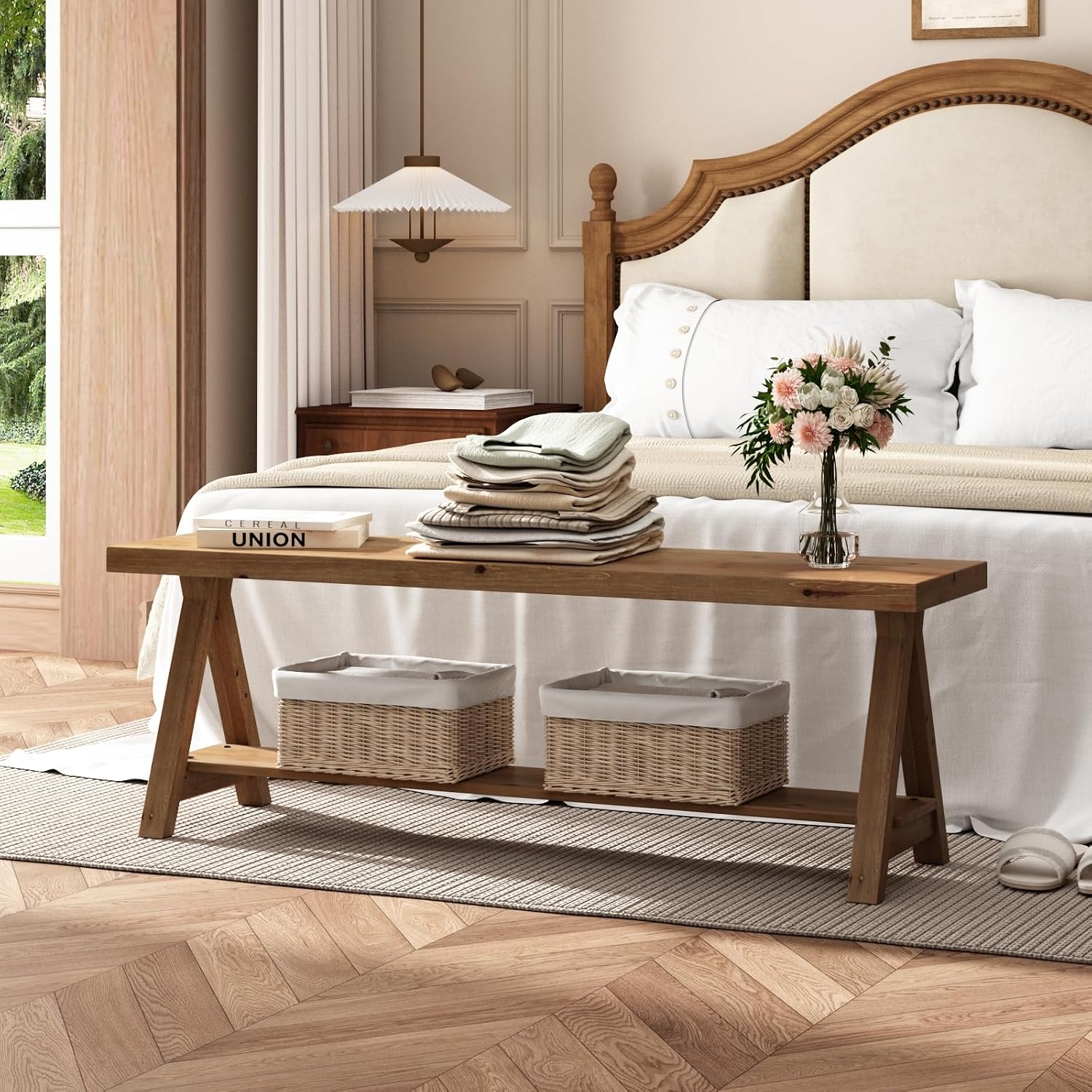 RowyPoey 51' Solid Wood Bench, Long Farmhouse Entryway Bench with Storage Shelf, Triangular Leg Design, Narrow Rustic Benches for Hallway, Bedroom, Dining, Kitchen