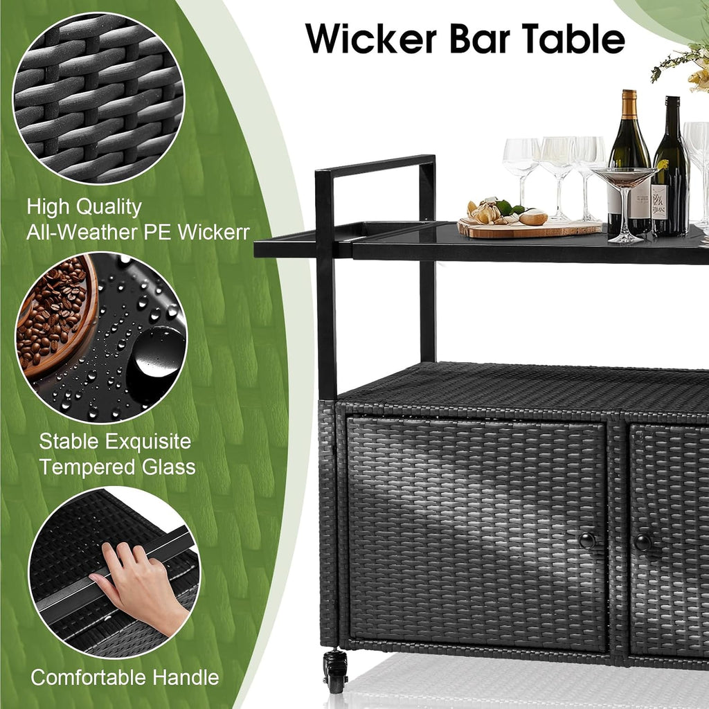 Outvita Patio Bar Table, Weatherproof Buffet Cabinet Wicker Outdoor Storage Cart with 2 Doors & Shelves Glass Tabletop for Tableware Wine Bottle and Glass, Towels, and Potting Supplies