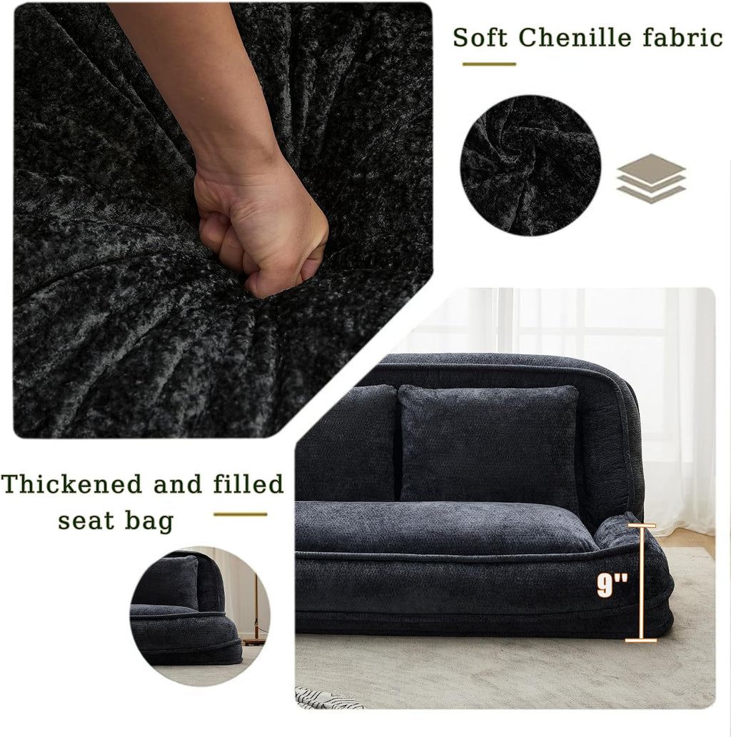 Floor Chair with Back Support, Human Dog Bed, Folding Loveseat with 5 Adjustable Position, 2 Back Cushions, Chenille Meditation Gaming Chair for Lazy Boys, Living Room, Lounge, Bedroom, Black